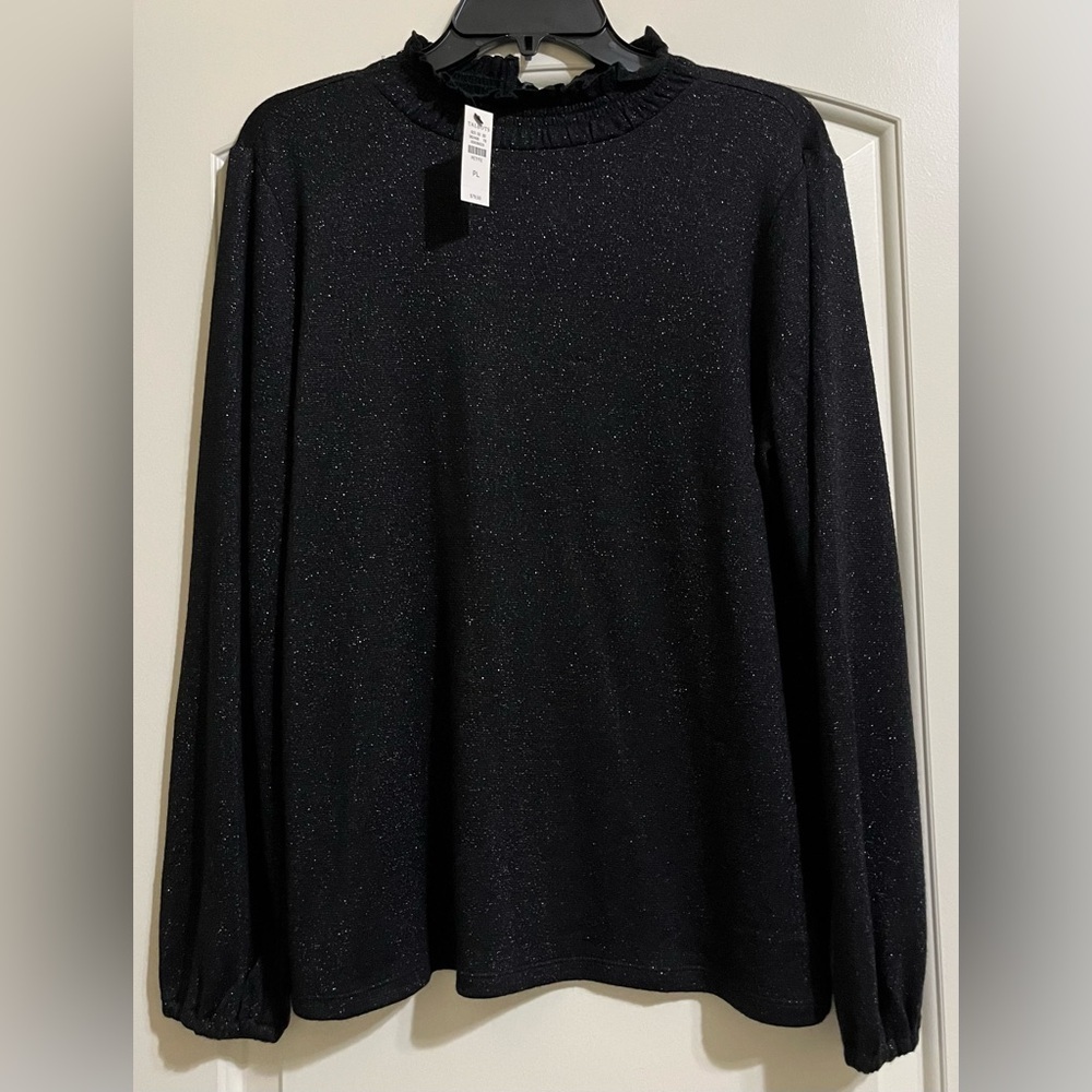 NWT Ann Taylor Black Sparkle Blouse Ruffle Mock & Tie Back Neckline Large PETITE